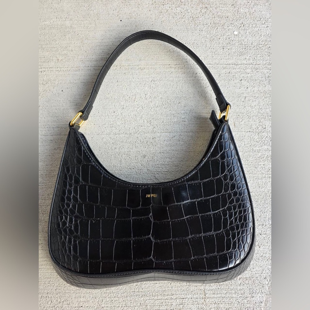 JW PEI Black Croc Embossed Shoulder Bag – Vegan Leather – Gold Hardware